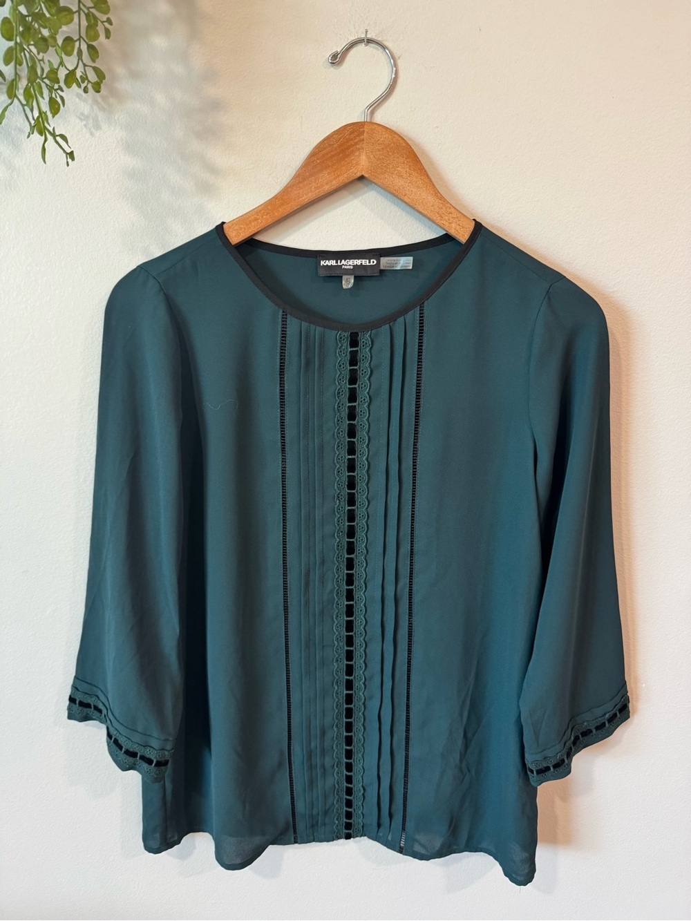 Karl Lagerfeld Teal Pintuck & Lace-Trim Three-Quarter Sleeves